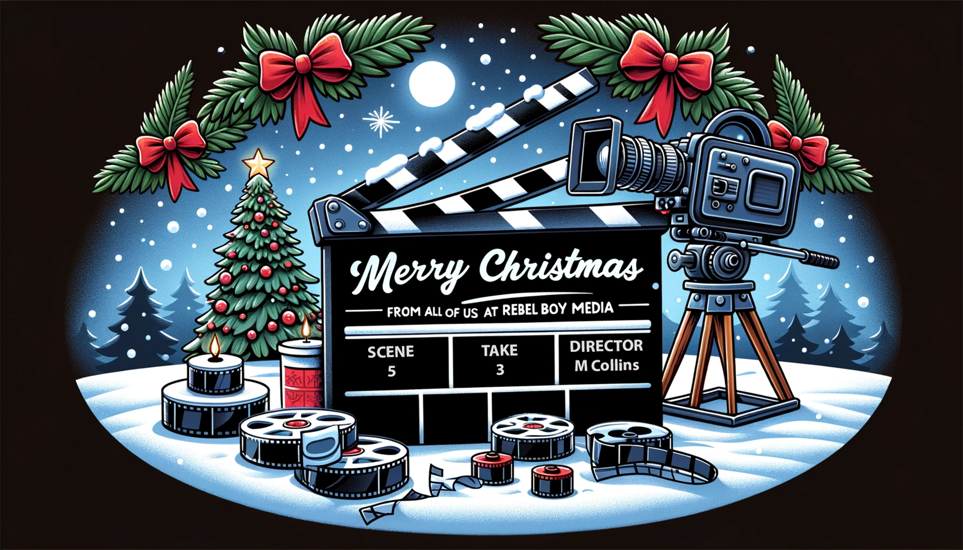 A Christmas Scene with a clapboard and filming equipment.